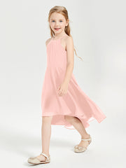 Tea Length Junior Bridesmaid Dresses with Asymmetrical Skirts Coral