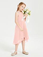 Tea Length Junior Bridesmaid Dresses with Asymmetrical Skirts Coral