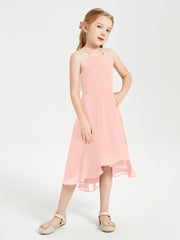 Tea Length Junior Bridesmaid Dresses with Asymmetrical Skirts Coral
