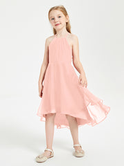 Tea Length Junior Bridesmaid Dresses with Asymmetrical Skirts Coral
