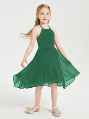 Tea Length Junior Bridesmaid Dresses with Asymmetrical Skirts Dark Green