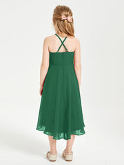 Tea Length Junior Bridesmaid Dresses with Asymmetrical Skirts Dark Green