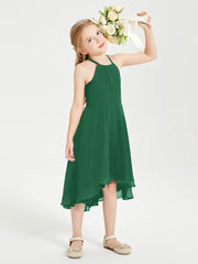 Tea Length Junior Bridesmaid Dresses with Asymmetrical Skirts Dark Green