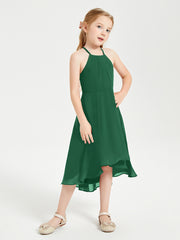 Tea Length Junior Bridesmaid Dresses with Asymmetrical Skirts Dark Green