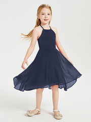 Tea Length Junior Bridesmaid Dresses with Asymmetrical Skirts Dark Navy