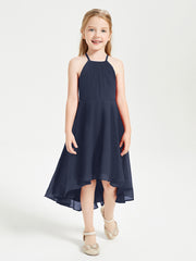 Tea Length Junior Bridesmaid Dresses with Asymmetrical Skirts Dark Navy