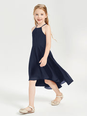 Tea Length Junior Bridesmaid Dresses with Asymmetrical Skirts Dark Navy