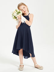 Tea Length Junior Bridesmaid Dresses with Asymmetrical Skirts Dark Navy