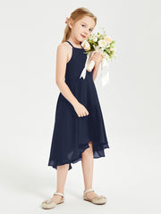 Tea Length Junior Bridesmaid Dresses with Asymmetrical Skirts Dark Navy