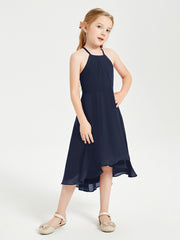 Tea Length Junior Bridesmaid Dresses with Asymmetrical Skirts Dark Navy