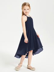 Tea Length Junior Bridesmaid Dresses with Asymmetrical Skirts Dark Navy