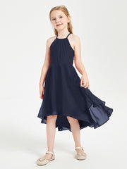 Tea Length Junior Bridesmaid Dresses with Asymmetrical Skirts Dark Navy