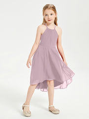 Tea Length Junior Bridesmaid Dresses with Asymmetrical Skirts Dusk