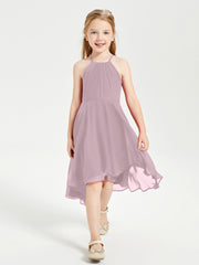 Tea Length Junior Bridesmaid Dresses with Asymmetrical Skirts Dusk