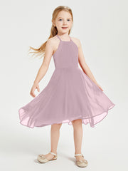 Tea Length Junior Bridesmaid Dresses with Asymmetrical Skirts Dusk