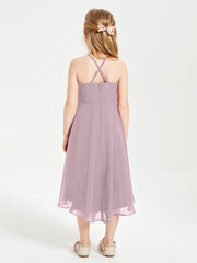 Tea Length Junior Bridesmaid Dresses with Asymmetrical Skirts Dusk