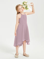 Tea Length Junior Bridesmaid Dresses with Asymmetrical Skirts Dusk
