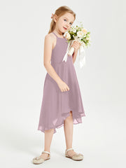 Tea Length Junior Bridesmaid Dresses with Asymmetrical Skirts Dusk
