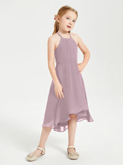 Tea Length Junior Bridesmaid Dresses with Asymmetrical Skirts Dusk