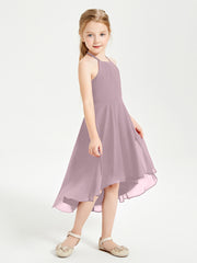 Tea Length Junior Bridesmaid Dresses with Asymmetrical Skirts Dusk
