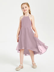 Tea Length Junior Bridesmaid Dresses with Asymmetrical Skirts Dusk