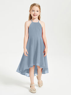 Tea Length Junior Bridesmaid Dresses with Asymmetrical Skirts Dusty Blue