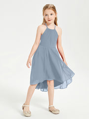 Tea Length Junior Bridesmaid Dresses with Asymmetrical Skirts Dusty Blue