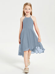 Tea Length Junior Bridesmaid Dresses with Asymmetrical Skirts Dusty Blue
