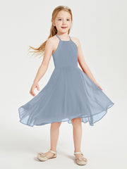 Tea Length Junior Bridesmaid Dresses with Asymmetrical Skirts Dusty Blue