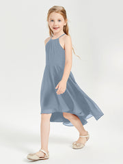 Tea Length Junior Bridesmaid Dresses with Asymmetrical Skirts Dusty Blue