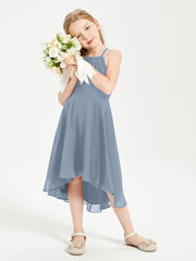 Tea Length Junior Bridesmaid Dresses with Asymmetrical Skirts Dusty Blue