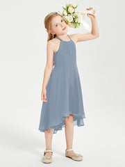 Tea Length Junior Bridesmaid Dresses with Asymmetrical Skirts Dusty Blue