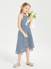 Tea Length Junior Bridesmaid Dresses with Asymmetrical Skirts Dusty Blue