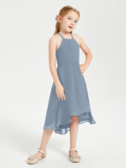 Tea Length Junior Bridesmaid Dresses with Asymmetrical Skirts Dusty Blue