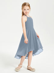 Tea Length Junior Bridesmaid Dresses with Asymmetrical Skirts Dusty Blue