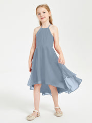 Tea Length Junior Bridesmaid Dresses with Asymmetrical Skirts Dusty Blue