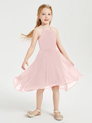 Tea Length Junior Bridesmaid Dresses with Asymmetrical Skirts Dusty Rose