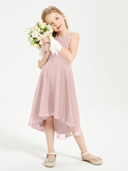 Tea Length Junior Bridesmaid Dresses with Asymmetrical Skirts Dusty Rose