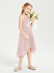 Tea Length Junior Bridesmaid Dresses with Asymmetrical Skirts Dusty Rose