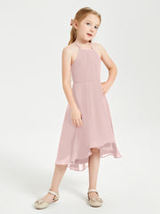 Tea Length Junior Bridesmaid Dresses with Asymmetrical Skirts Dusty Rose