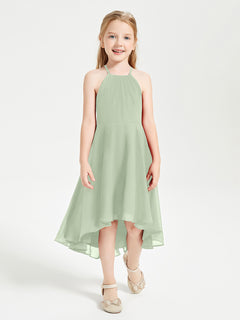 Tea Length Junior Bridesmaid Dresses with Asymmetrical Skirts Dusty Sage