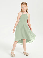 Tea Length Junior Bridesmaid Dresses with Asymmetrical Skirts Dusty Sage