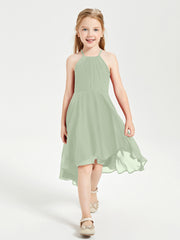 Tea Length Junior Bridesmaid Dresses with Asymmetrical Skirts Dusty Sage