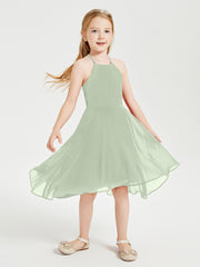 Tea Length Junior Bridesmaid Dresses with Asymmetrical Skirts Dusty Sage