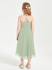 Tea Length Junior Bridesmaid Dresses with Asymmetrical Skirts Dusty Sage