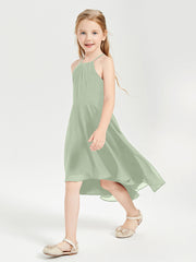 Tea Length Junior Bridesmaid Dresses with Asymmetrical Skirts Dusty Sage