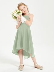 Tea Length Junior Bridesmaid Dresses with Asymmetrical Skirts Dusty Sage