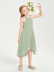 Tea Length Junior Bridesmaid Dresses with Asymmetrical Skirts Dusty Sage