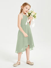 Tea Length Junior Bridesmaid Dresses with Asymmetrical Skirts Dusty Sage