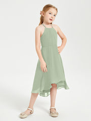 Tea Length Junior Bridesmaid Dresses with Asymmetrical Skirts Dusty Sage